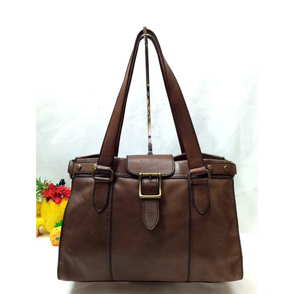 Fossil Maddox Brown Leather Buckle Double Handles Satchel Tote Bag - Picture 1 of 13